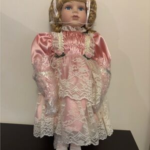 Pink Lace Porcelain Doll in Vintage-Style Dress